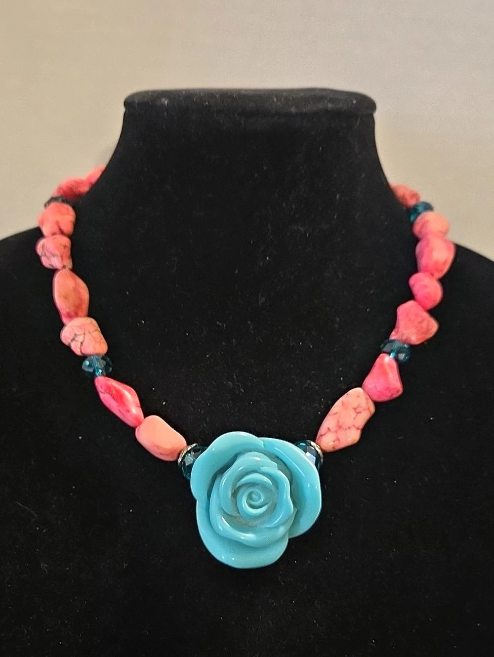 Pink & Turquoise Rose Pendant Necklace